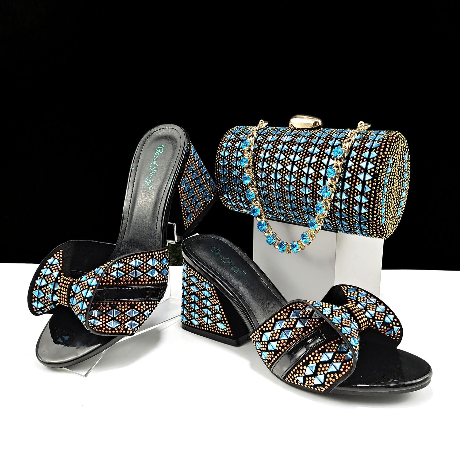 Women Shoes Bags Two Piece Sets Summer Mouth High Heel Slippers Color Matching Rhinestone Embellished Cylindrical Bag Casual