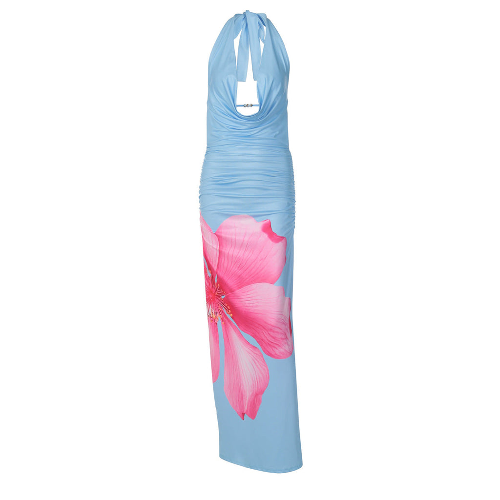 Spring Sexy Backless Slim Fit Maxi Dress Lace up Halterneck Printed Dress