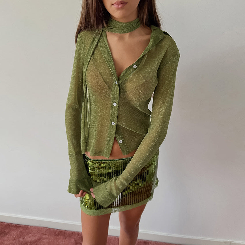 Spring Arrival Reflective Beautiful Shoulder Small Top Women Decoration Long Sleeve Shirt Cardigan