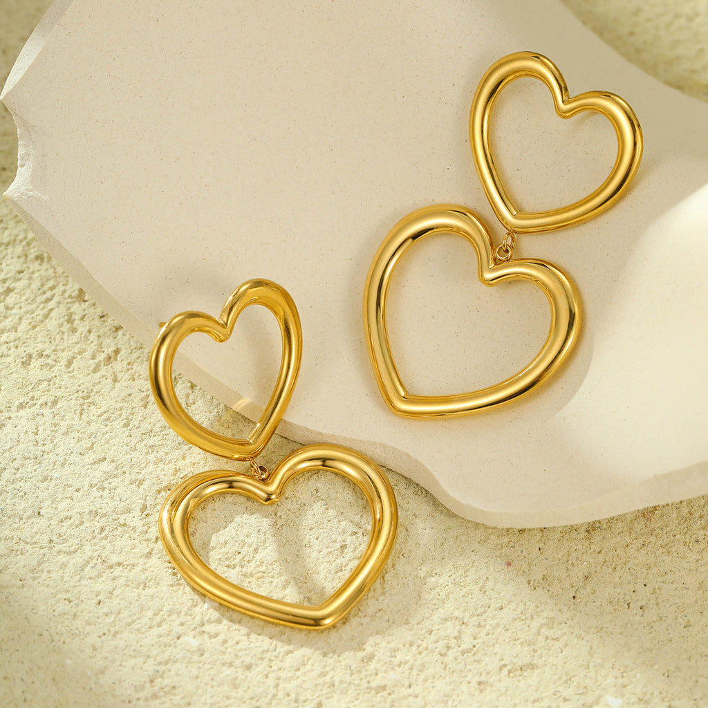 Stainless Steel Hollow Out Cutout Heart Tassel Embellished Earrings 18K Gold Plating Stainless Steel Peach Heart Stud Earring