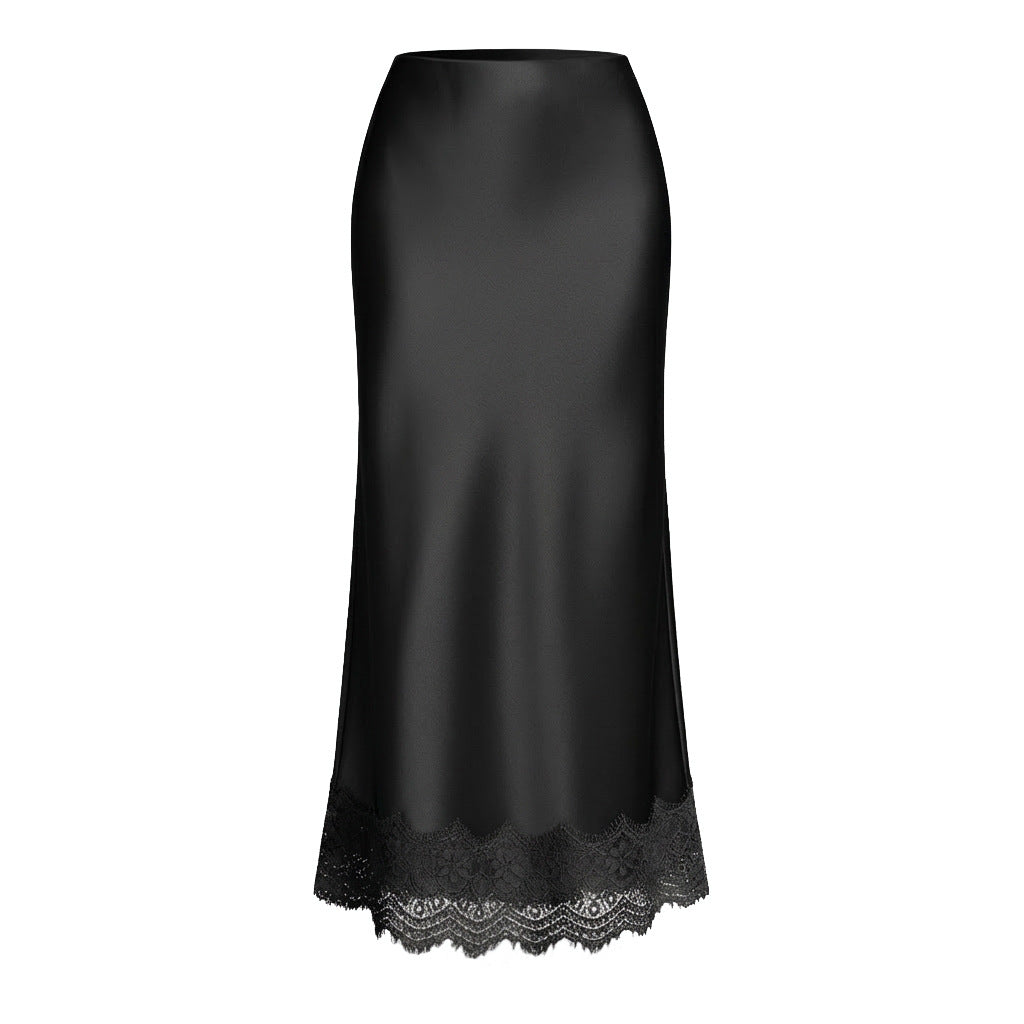 Women Clothing Lace Satin Skirt High Waist Elastic Elegant Sheath Skirt