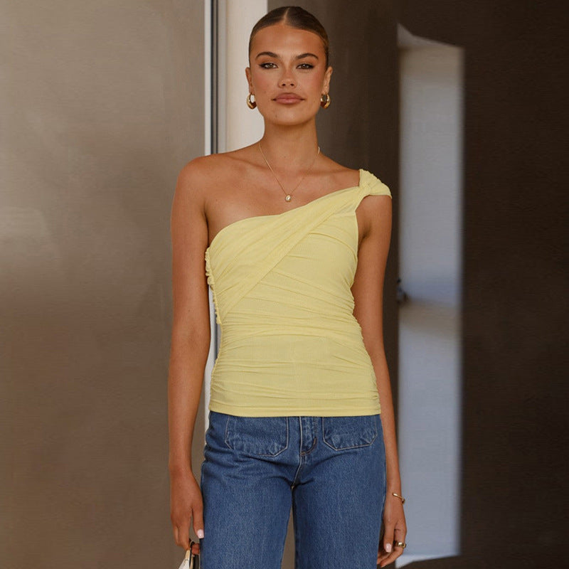Women Clothing Summer Elegant Oblique Shoulder Twisted Mesh Stitching Tube Top
