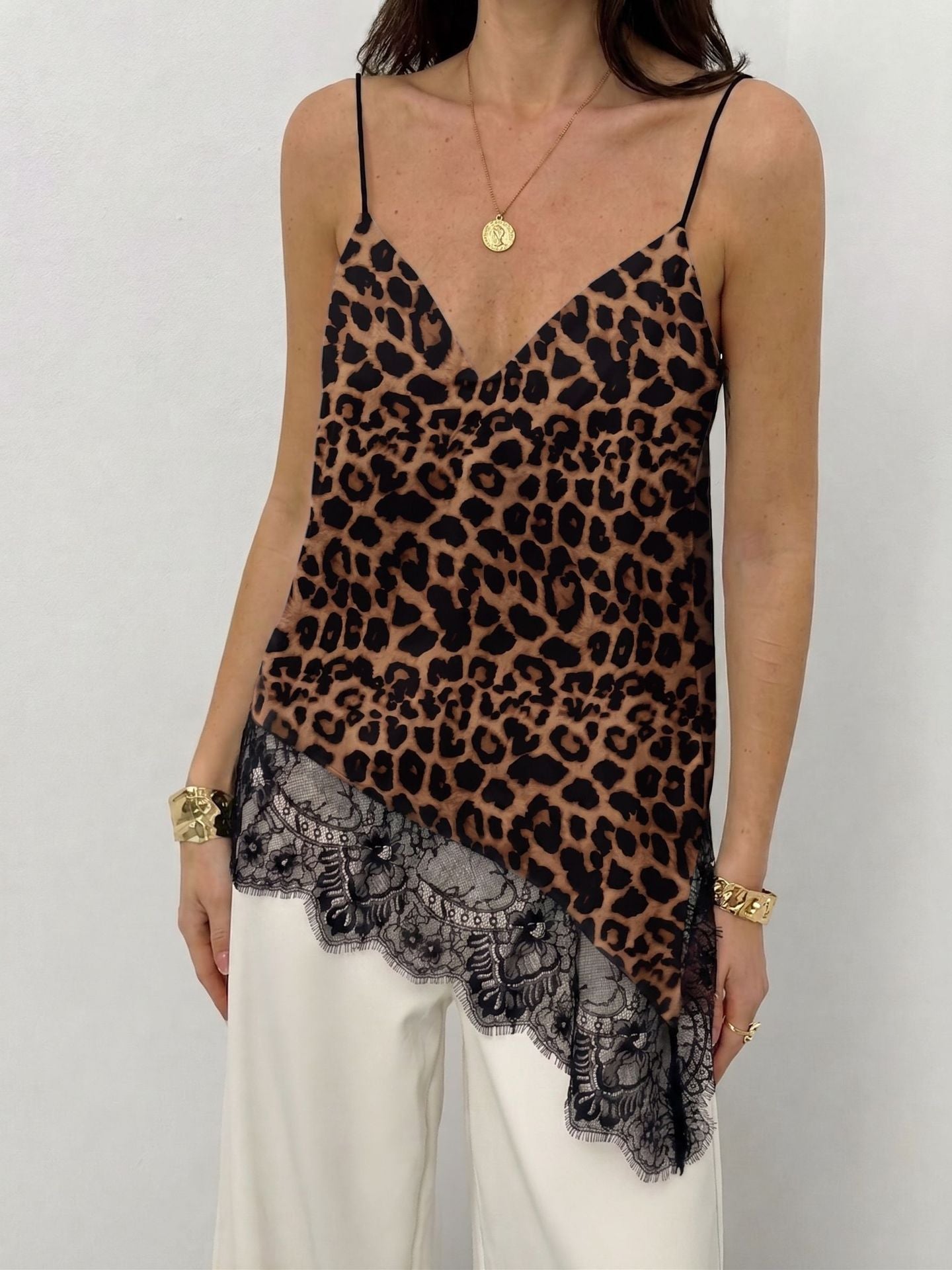 V neck Irregular Asymmetric Lace Patchwork Top Loose Camisole