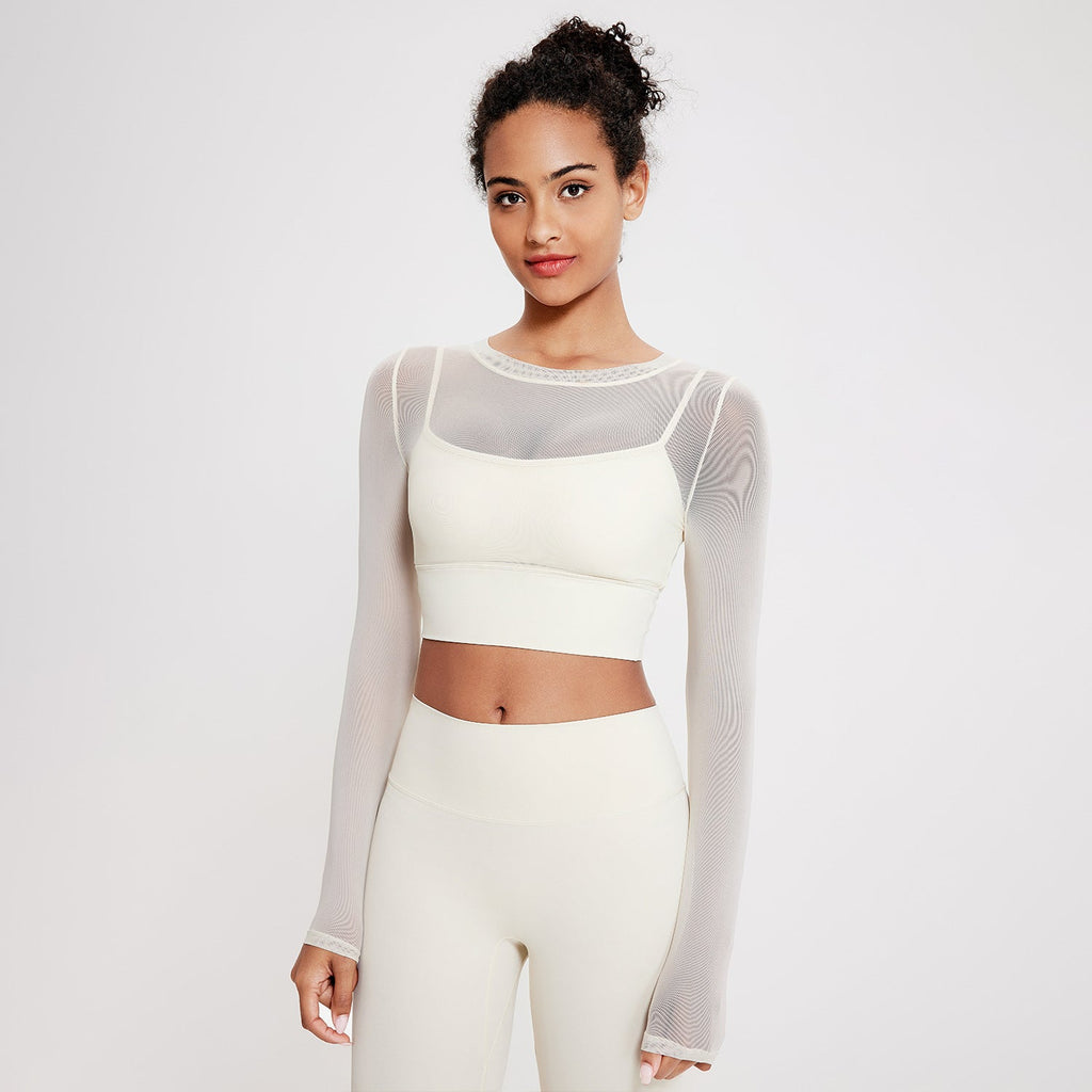 Sexy Mesh round Neck Yoga Clothes Long Sleeve Running Quick Drying Sports Bra One Piece Cup Workout Clothes Top