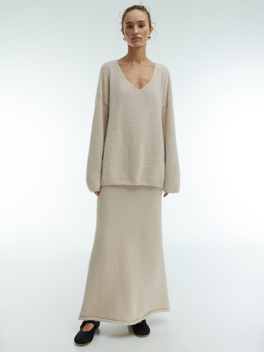 Sweater Suit Women Autumn Winter Office Simple Knitting V Neck Sweater Skirt Set