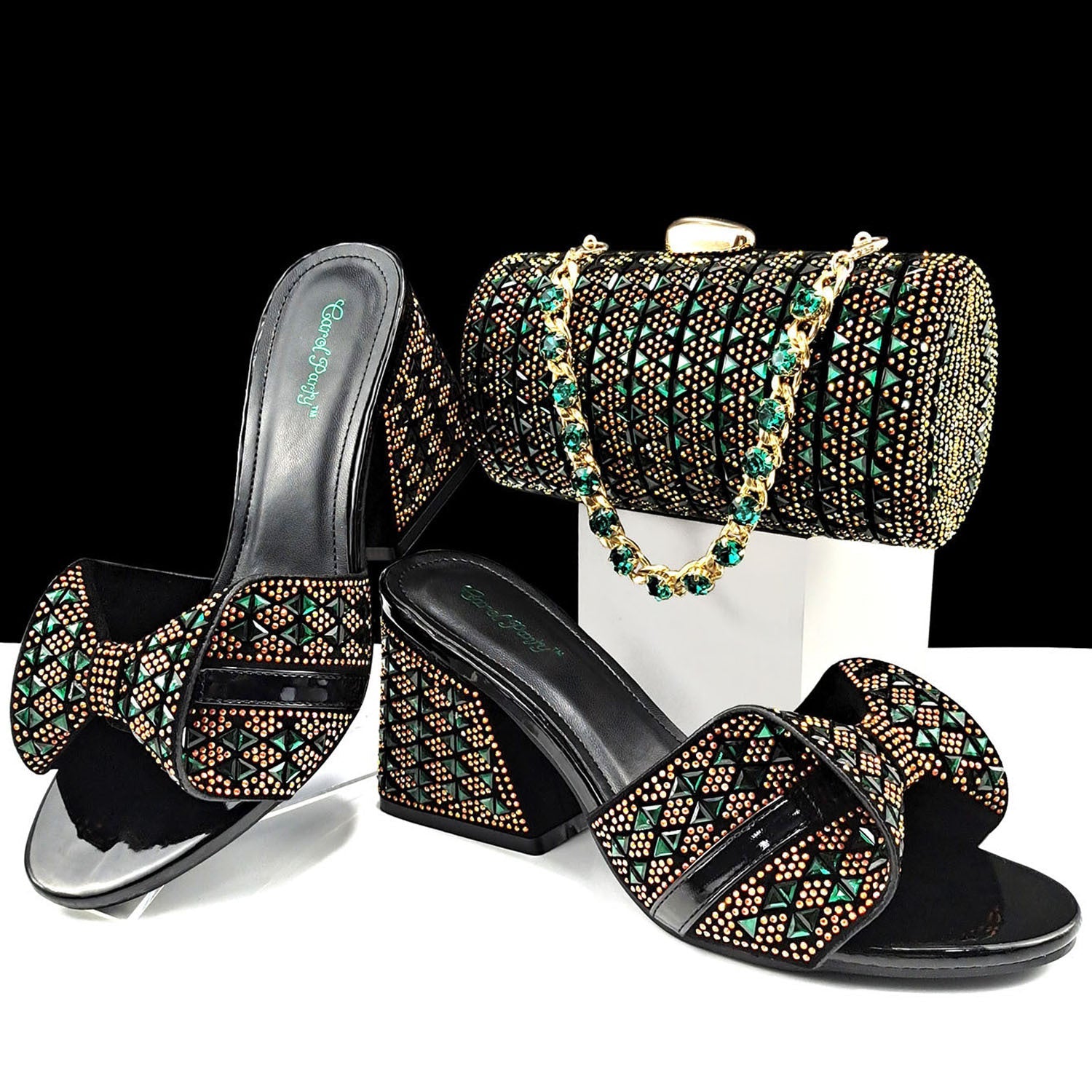Women Shoes Bags Two Piece Sets Summer Mouth High Heel Slippers Color Matching Rhinestone Embellished Cylindrical Bag Casual