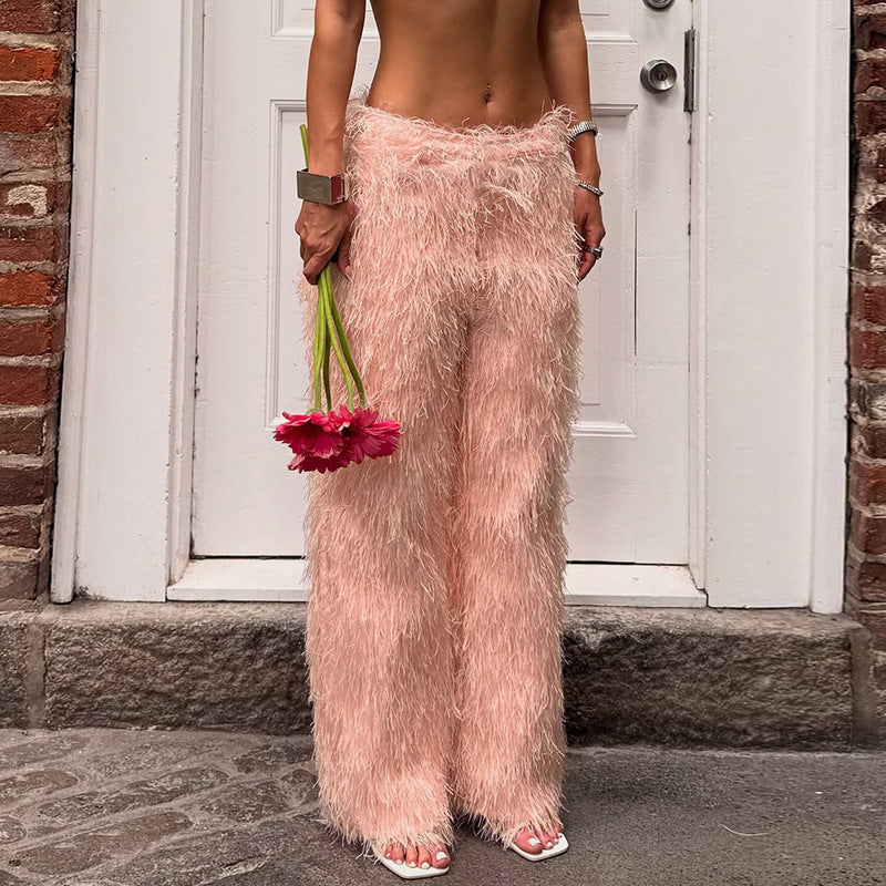 Autumn Women Casual Solid Color Fluff Sweatpants High Waist Straight Leg Pants Women