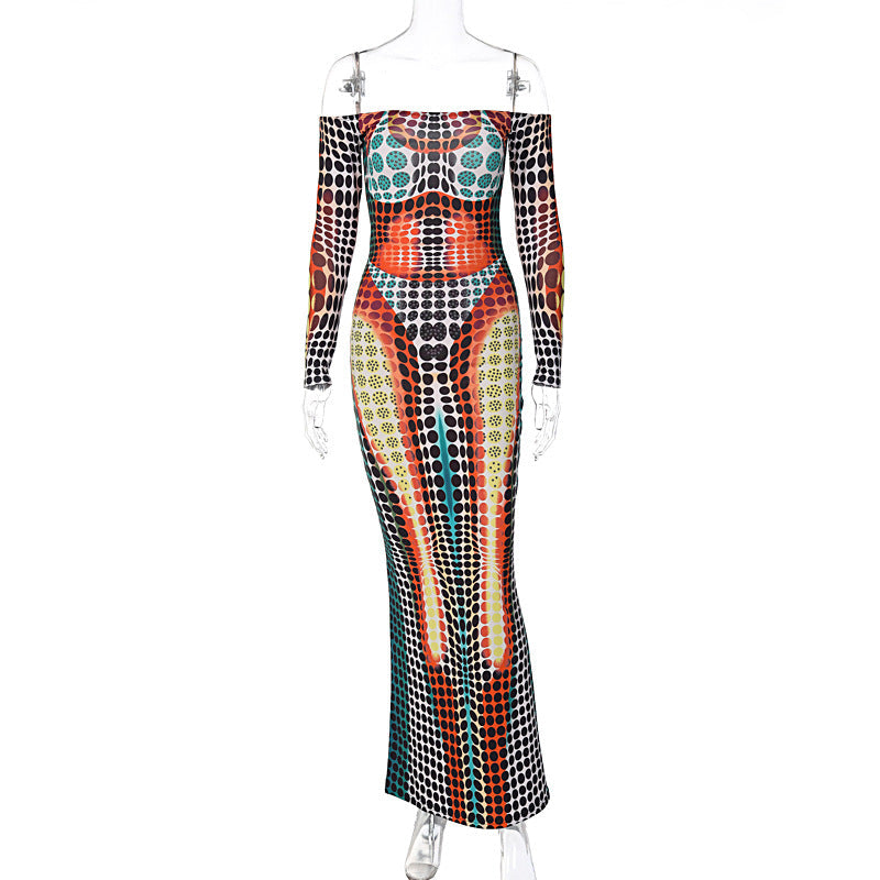 Spring Women Clothing Featured Faux off Neck Stitching Long Sleeve Slim Expansion Dress