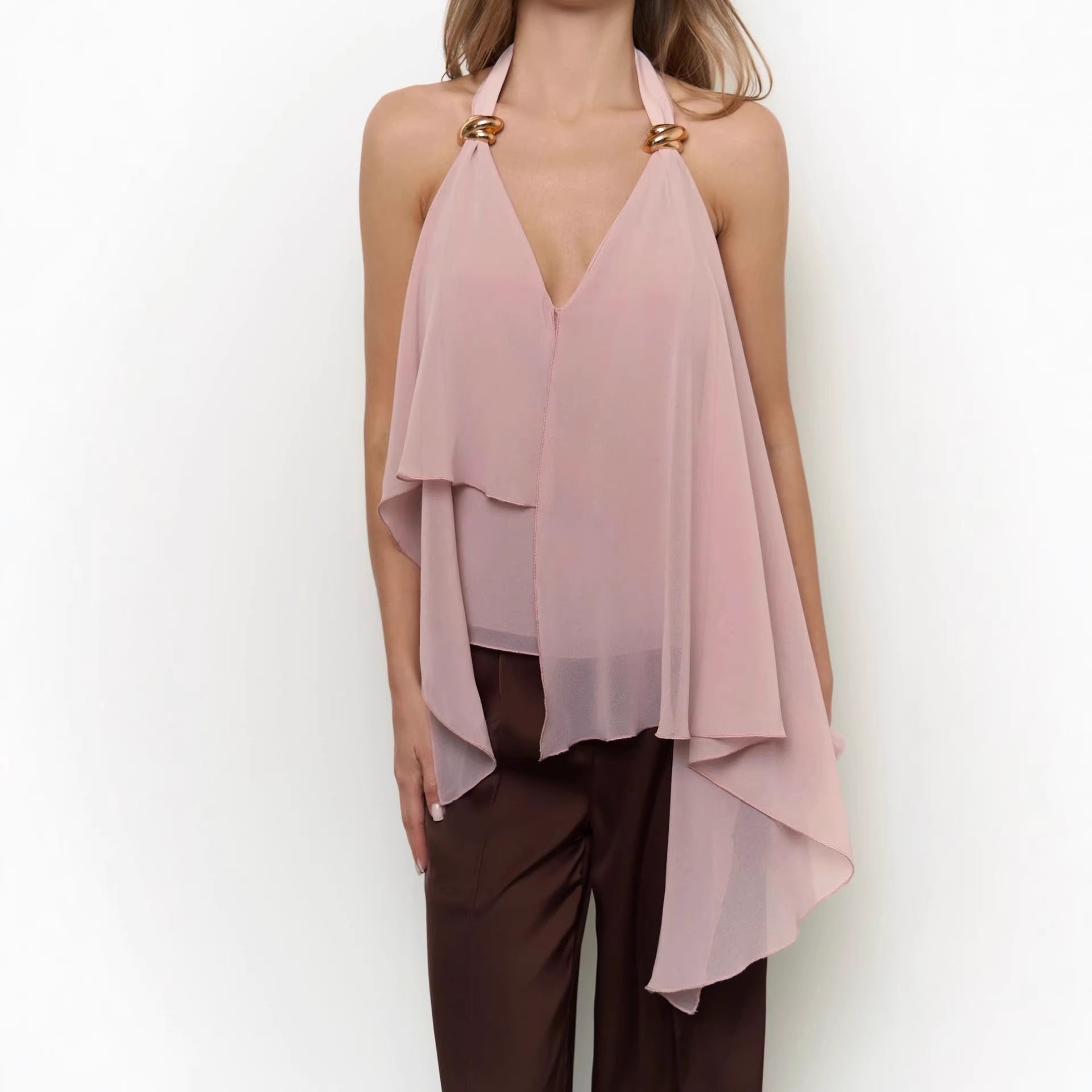 Sexy V neck Halter Sleeveless Vest Women Summer Casual Elegant Graceful All Match Chiffon Shirt