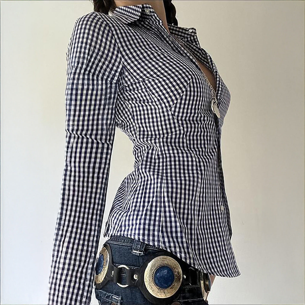 Women Clothing Autumn All Match Long Sleeved Button Top Shirt