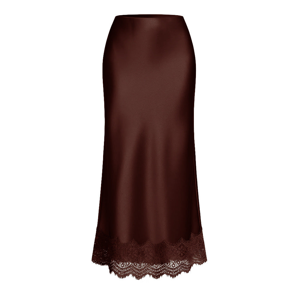 Women Clothing Lace Satin Skirt High Waist Elastic Elegant Sheath Skirt