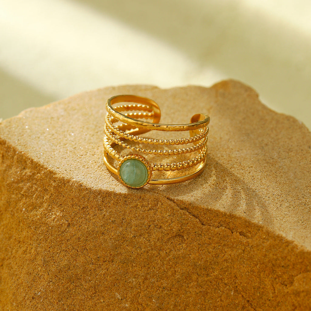 18K Gold Titanium Steel Natural Green Aventurine Open Ring Women All Match High Sense Ornament