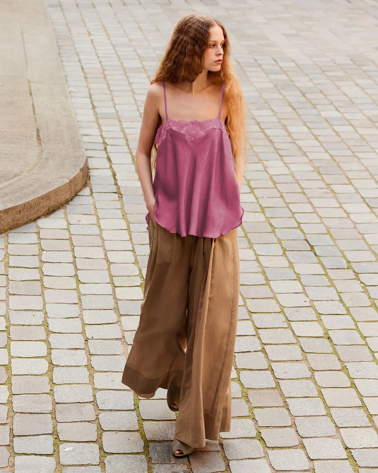 Women Clothing Satin Solid Color Casual Loose Ruffled Stitching Sexy Sling