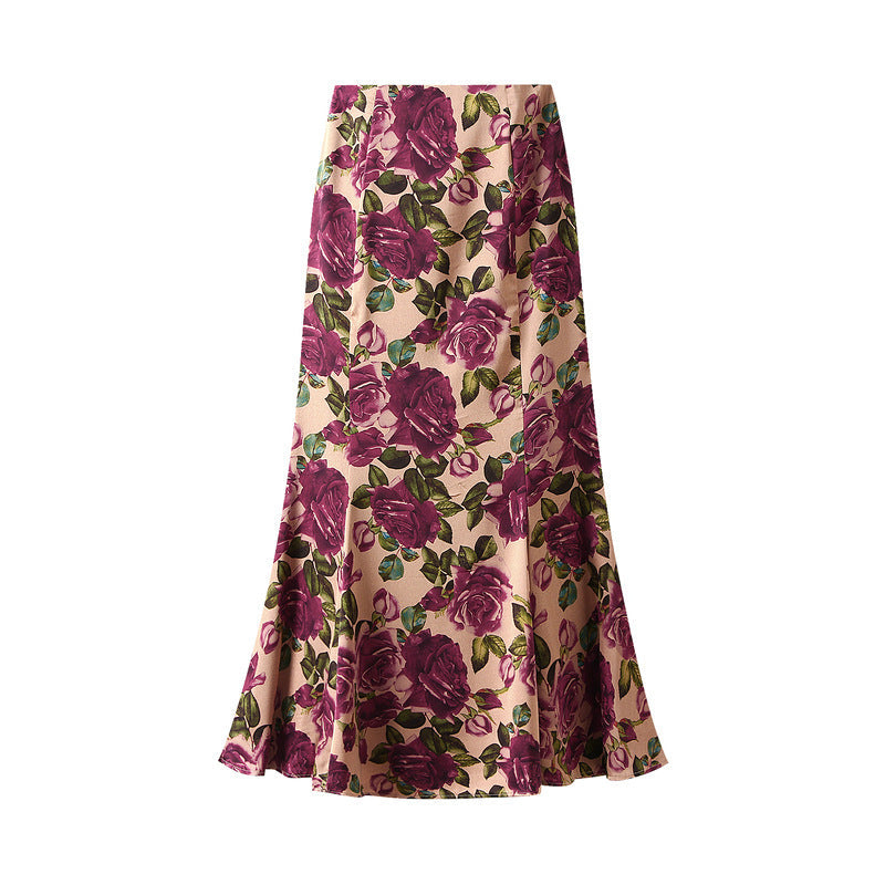 Women Skirt Summer Vintage Printed Fishtail Skirt High Waist Slim Slimming Mid Length Hip Wrapping Skirt