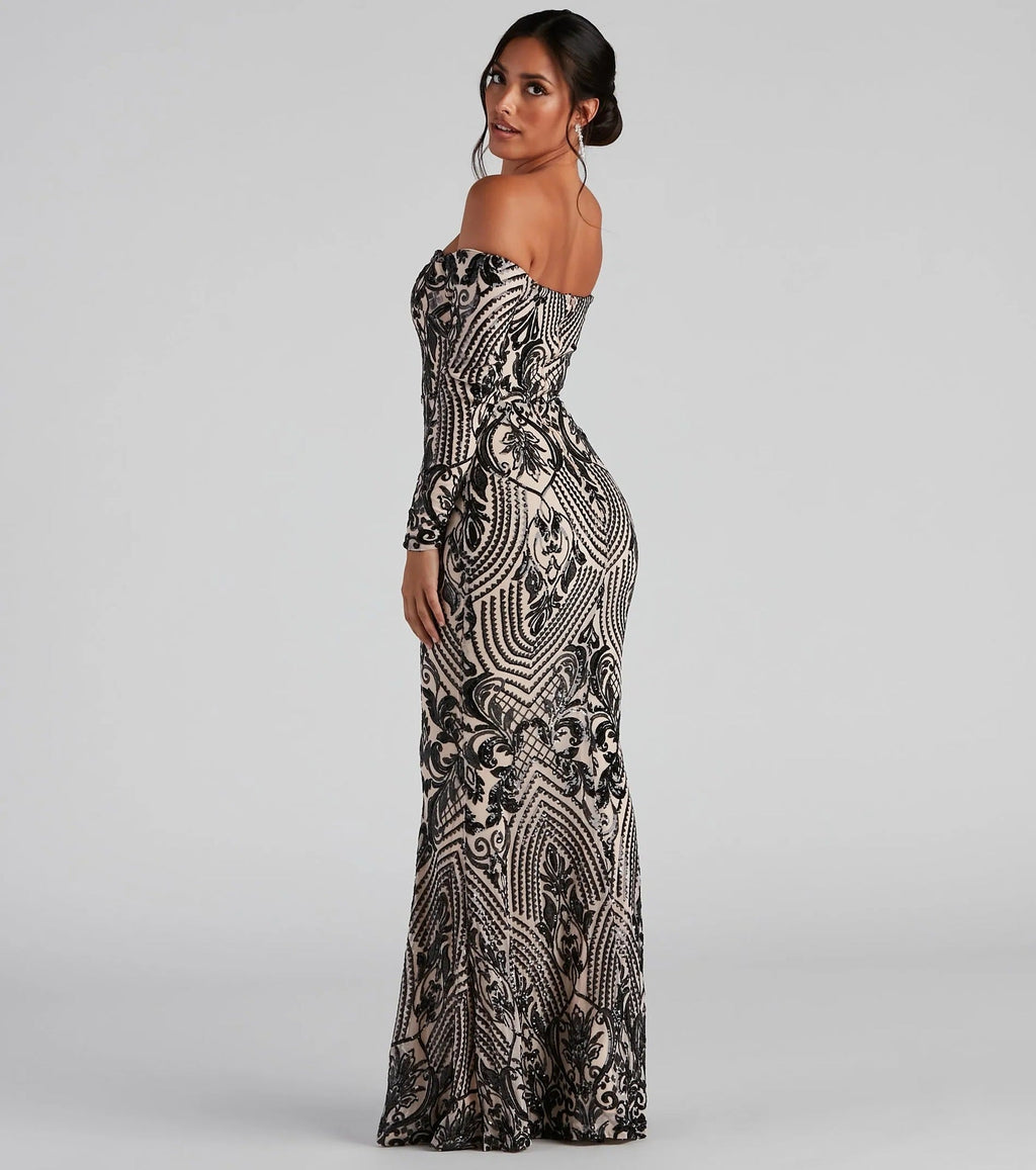 Women Elegant Sequ Sexy off Neck Dress Cocktail Evening Maxi Dress