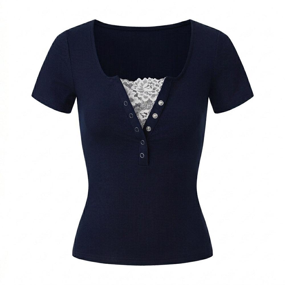Summer Lace Stitching Sexy Solid Color Summer Short Sleeved T shirt Bottoming Shirt Women