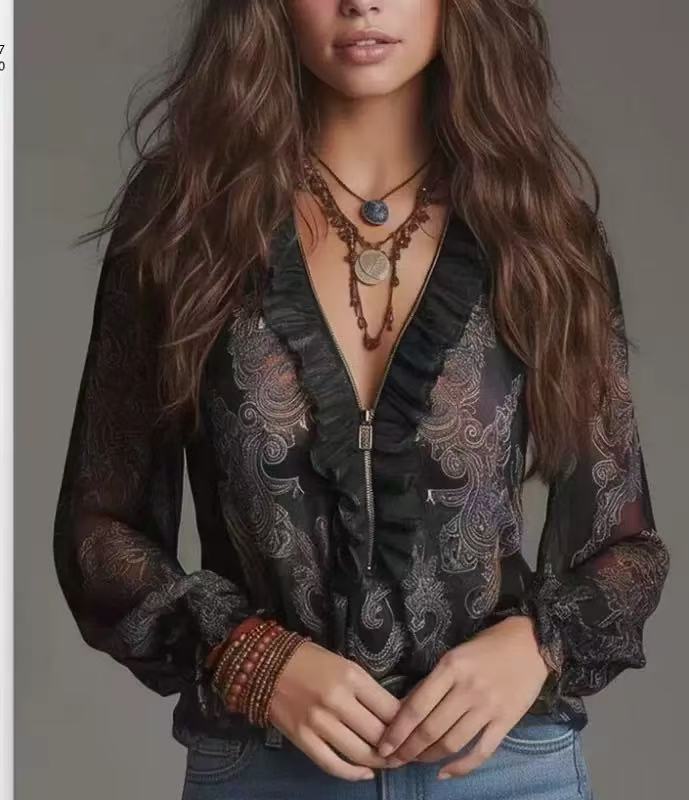 Romantic Boh Deep V Plunge neck Paisley Ruffled Chiffon Shirt