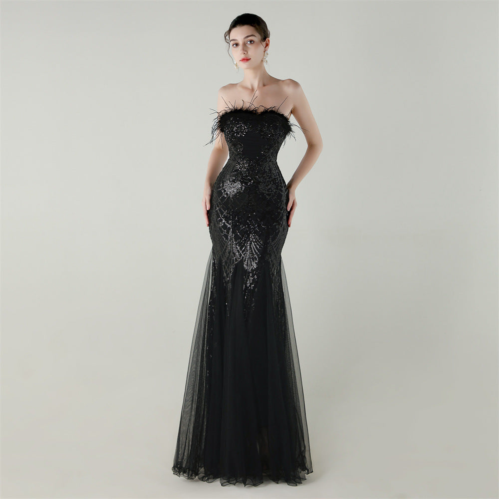 Sequin Beaded Tube Floral Ostrich Feather Tube Top Cross Strap Mesh Fishtail Evening Dress Cocktail Wedding