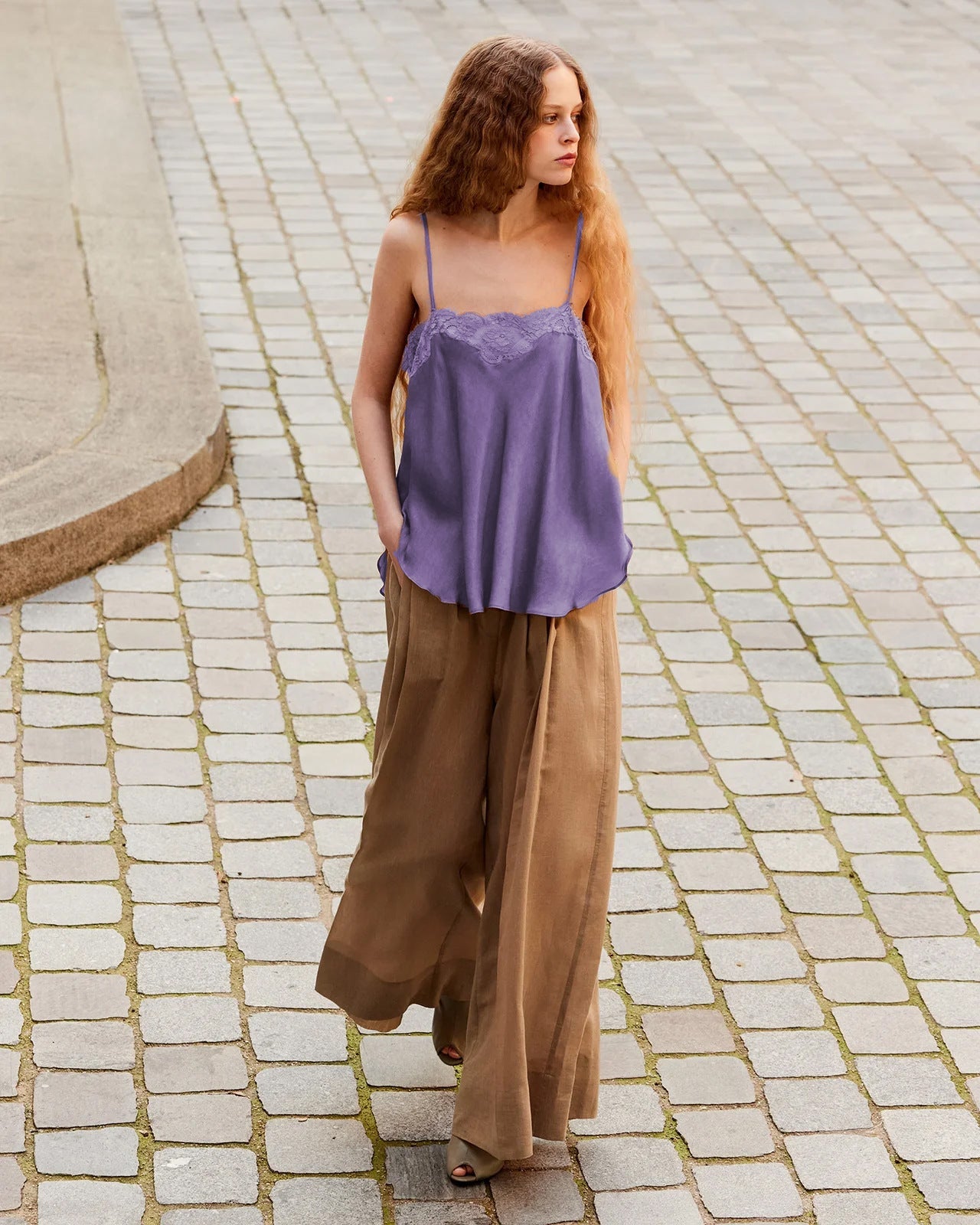 Women Clothing Satin Solid Color Casual Loose Ruffled Stitching Sexy Sling