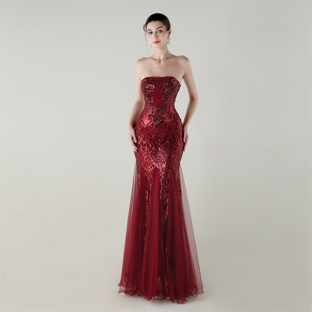 Tube Top Cross Strap Beaded Tube Floral Sequin Mesh Evening Dress Cocktail Wedding Social Elegant Clothing