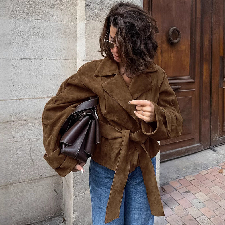 French Suede Collar Casual Double Breasted Coat Fall Winter Brushed Velvet Coat