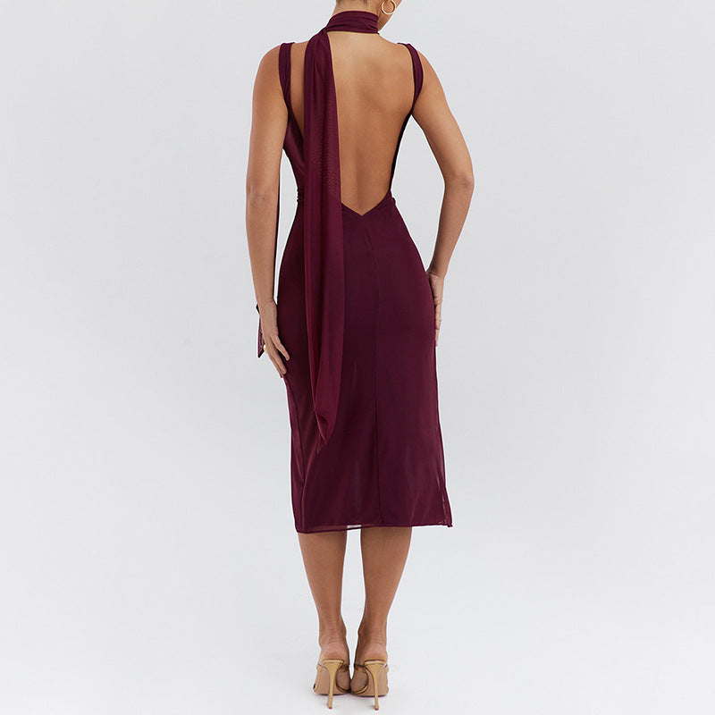 Sexy Trend Mesh Stitching Swing Collar Sleeveless Split Backless Hip Dress