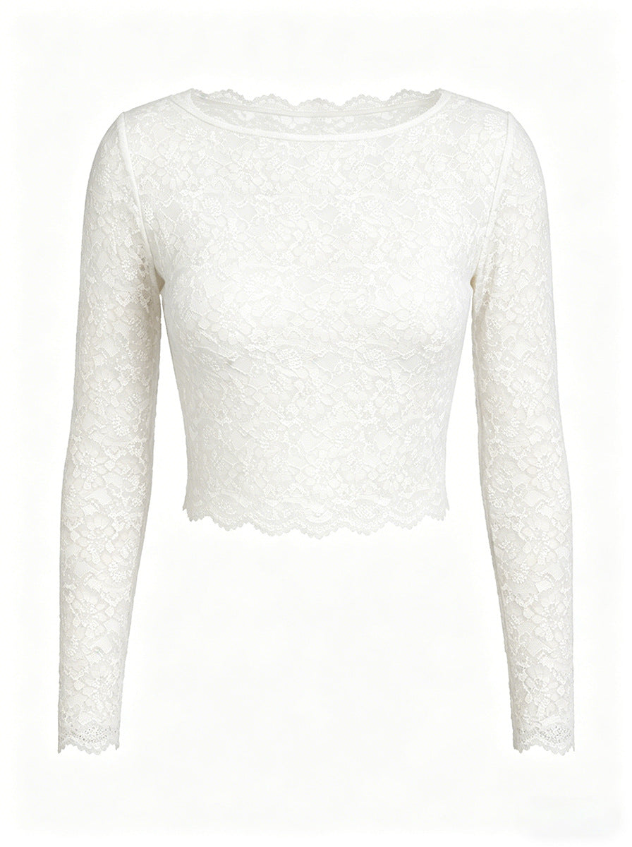 Women Lace Long Sleeved Top Sexy Mesh See through Slim Bottoming Shirt