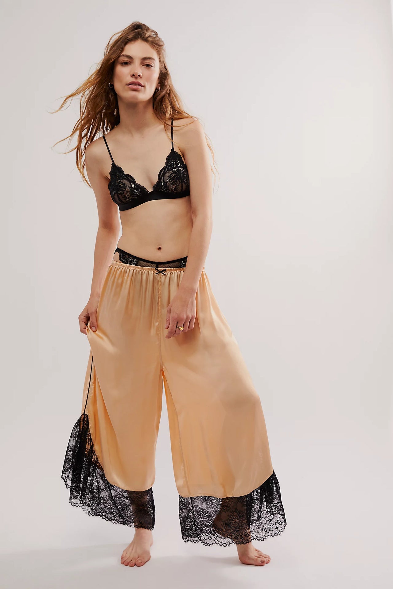 Women Lace Satin Stitching Loose Wide Leg Casual Trousers Office