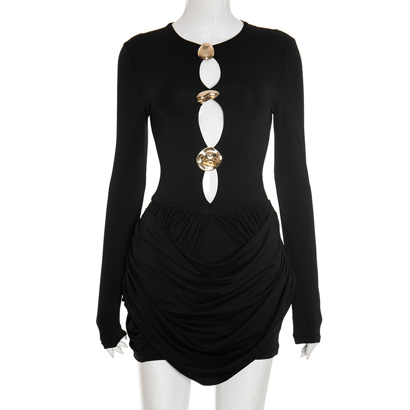 Women Autumn Winter Design Luxury Decorative Pleated Hollow Out Cutout Mini Sheath Dress