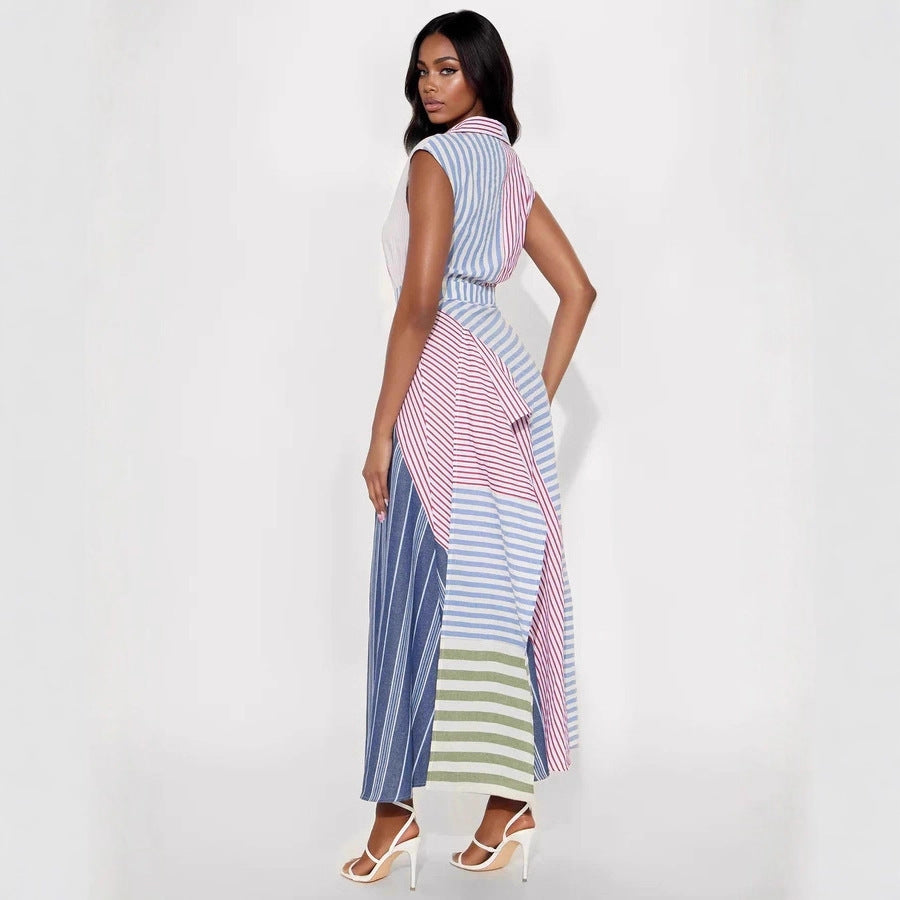 Women Clothes Cool Contrast Color Patchwork Stripes V neck Dress Irregular Asymmetric Cinched A line Dress
