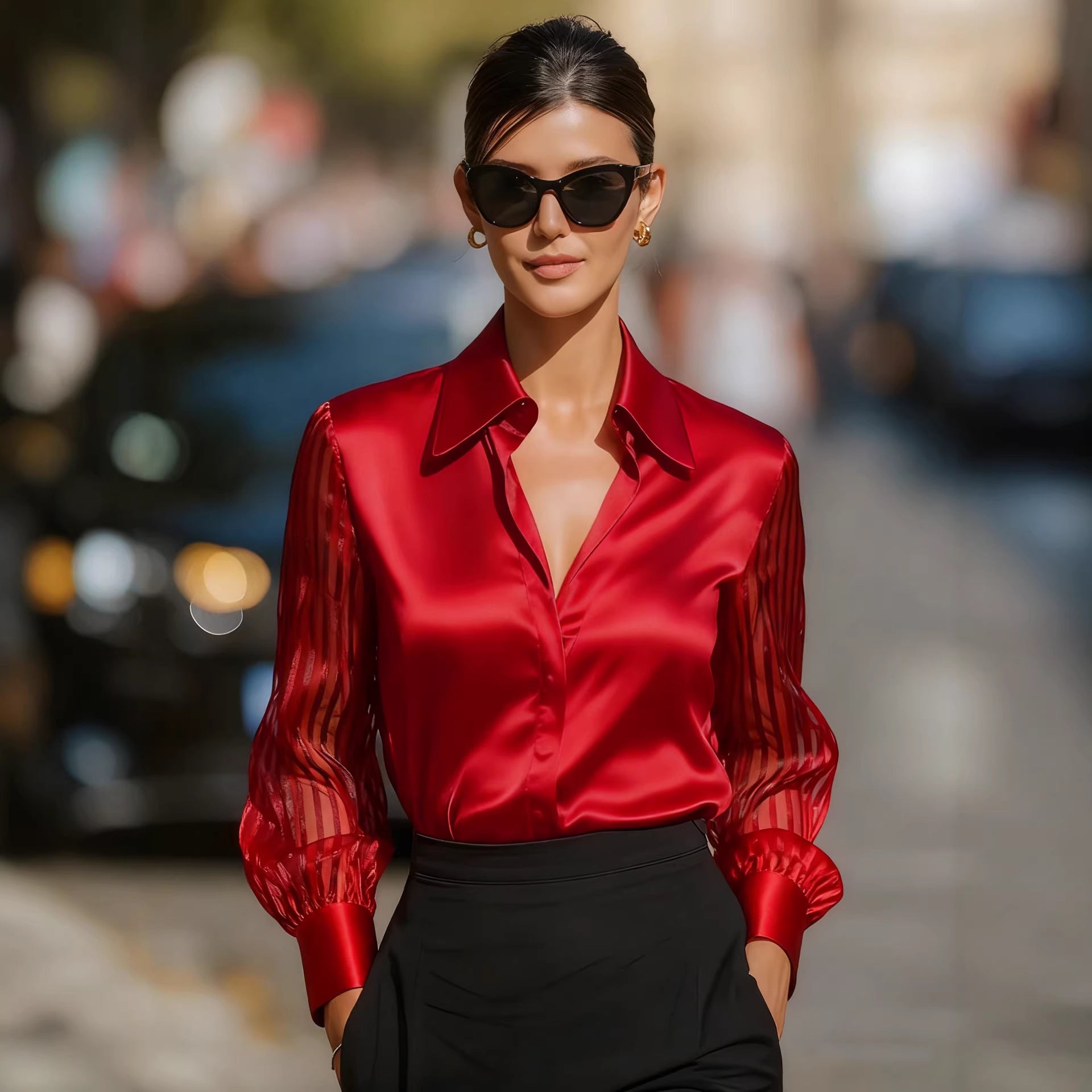 Women Clothing Spring Autumn Solid Color Elegant Office Polo Collar Long Sleeve Shirt