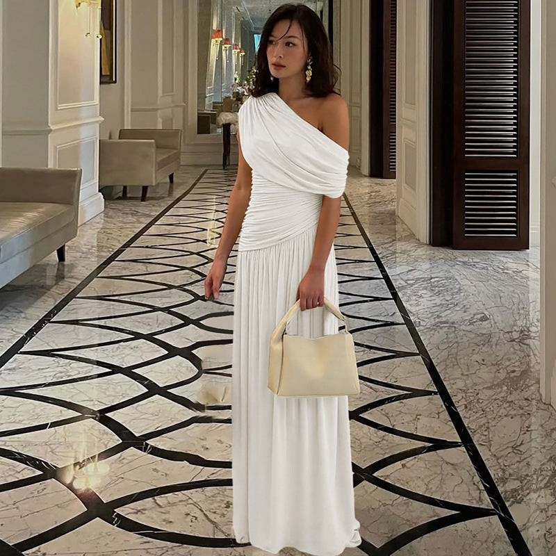 Women Clothing Spring Arrival Fashionable Sexy Diagonal Collar Pleated Asymmetrical Solid Color Dress