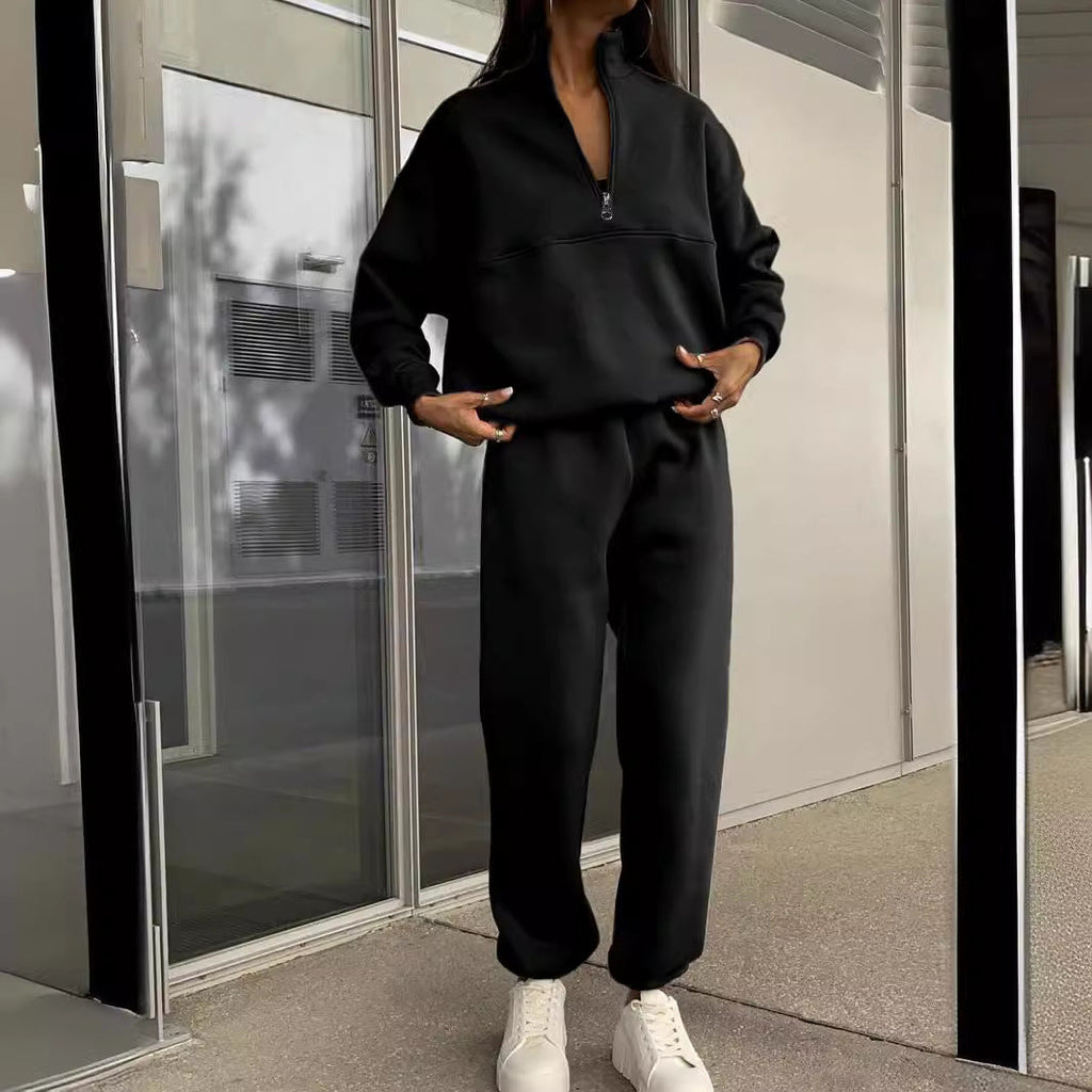 Autumn Winter Zipper Collared Solid Color Casual Two Piece Set