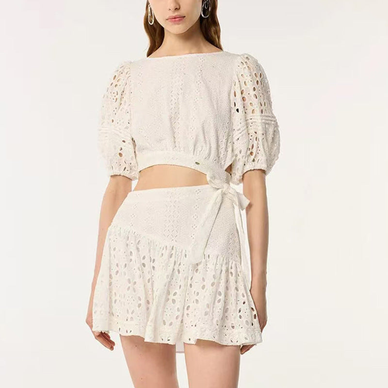Women Elegant Short round Neck Puff Sleeve Waist Baring Dress