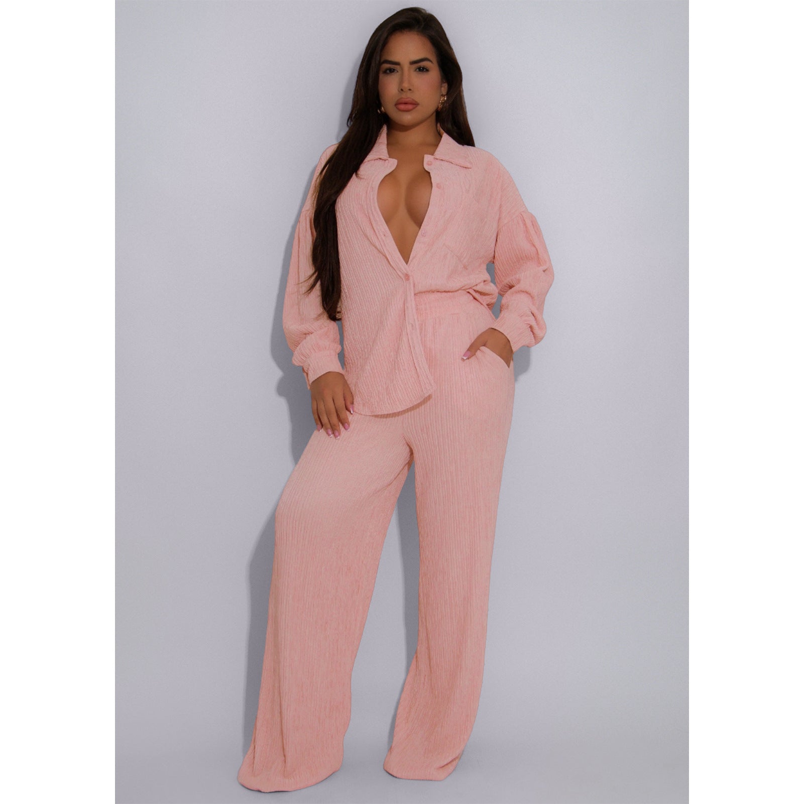 Women Elastic Crumpled Lace up Multi Pocket Swing Pants Wide Leg Pants Two Piece Sets