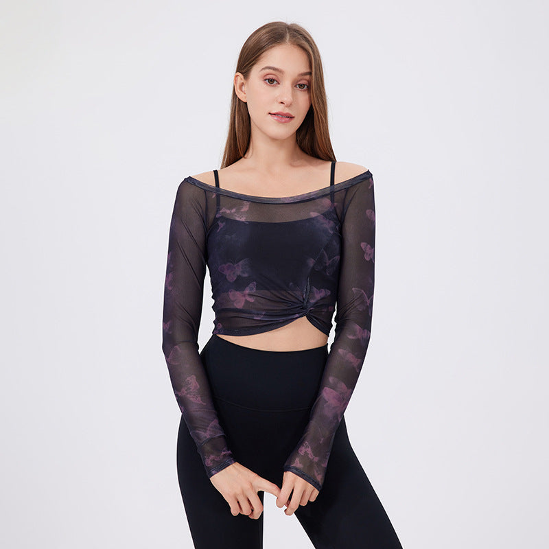 Floral Butterfly Faux Two Piece Sports T Shirt Women Long Sleeve with Chest Pad Yoga Clothes Mesh Top Quick Drying Slimming Workout Clothes