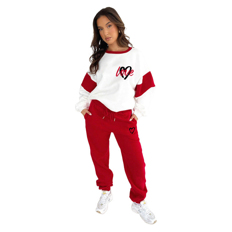 Autumn Winter Peach Heart Multicolor Printing Sweaters Women Clothing Casual Trousers Set