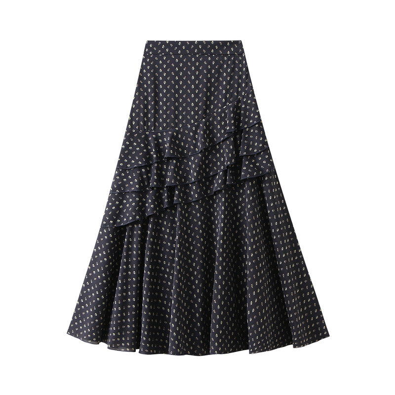 Ruffled Floral Chiffon Skirt Women Summer High Waist Slimming Mid Length A line Skirt