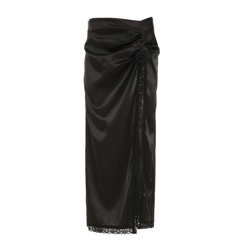 Women Wear Satin Lace Stitching Floral High Slit Skirt Sexy Summer Pleated