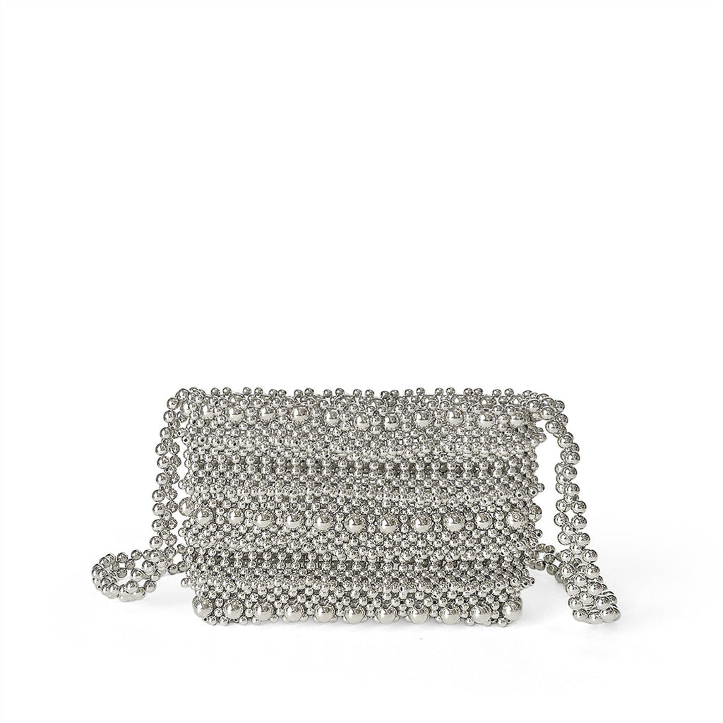 Handmade Beaded Bag Silver Bag Pearl Vegetable Basket Casual Weaving Messenger Bag Hollow Out Cutout