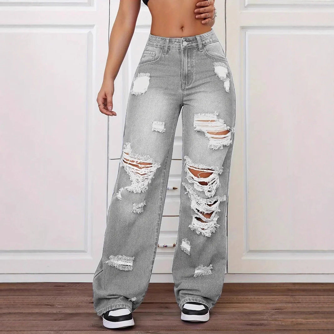 Ripped Jeans Washed High Waist Straight All Matching Loose Denim Trousers Women Jeans