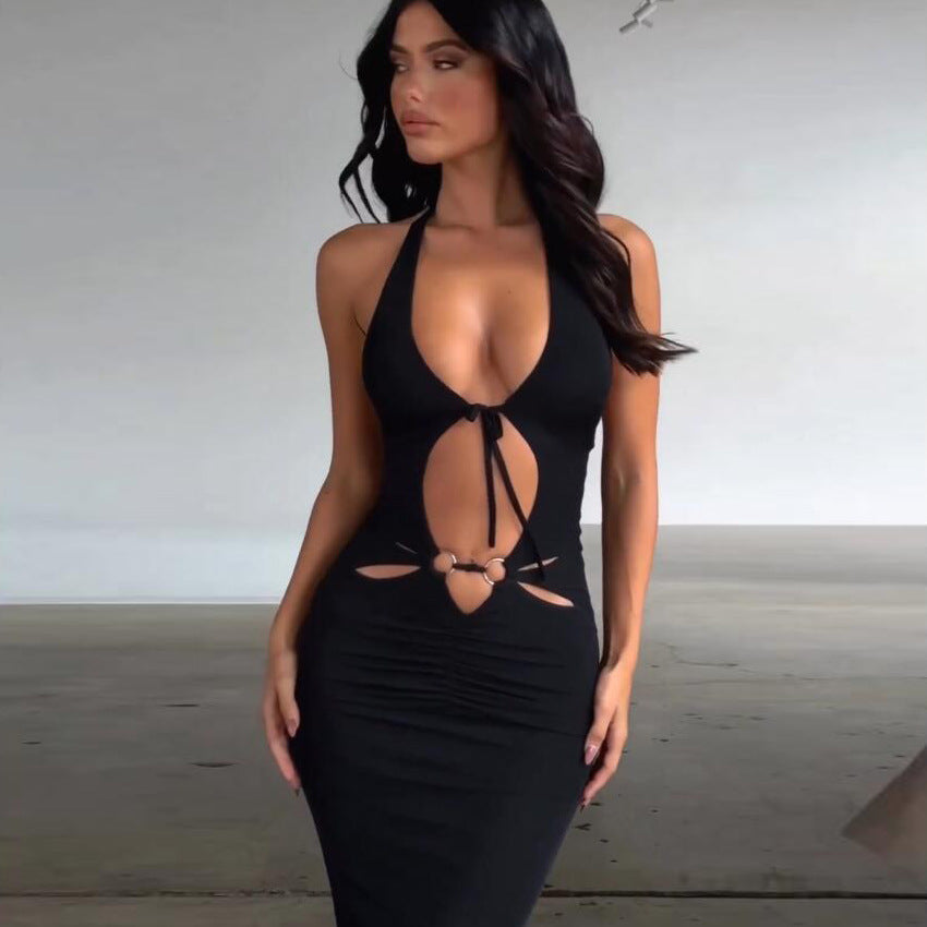 Summer Autumn Women Clothing Short Sleeve Sexy V Lace up Slim Fit Hollow Out Cutout Dress