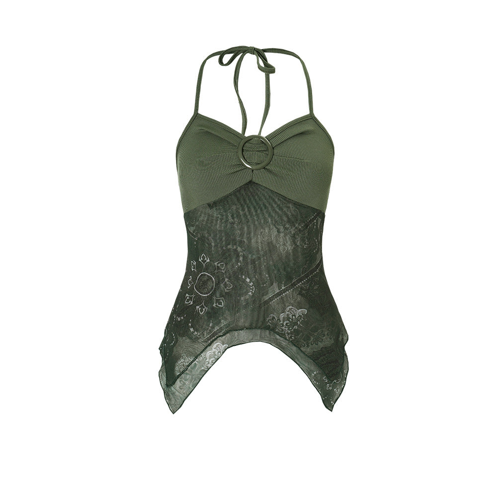 Women Popular Stitching Printing Sling V neck Retro Irregular Asymmetric Slim Fit Halterneck Vest