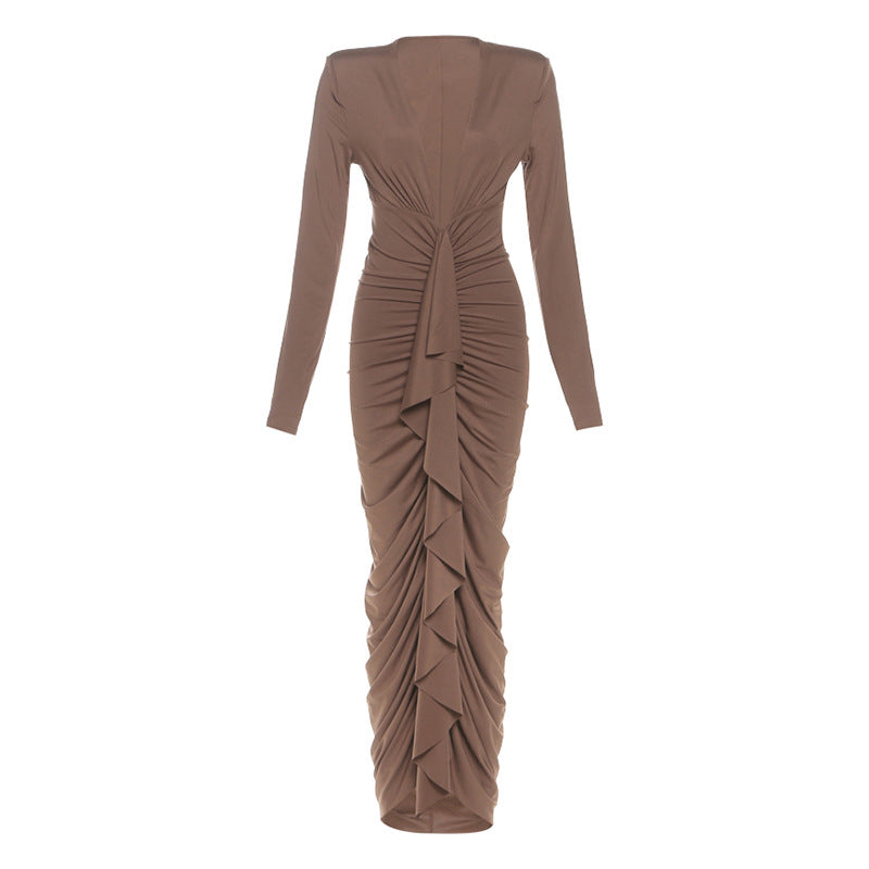 Women Clothing Sexy Deep V Plunge Pleated Design Elegant Slim Hip Bag Dress