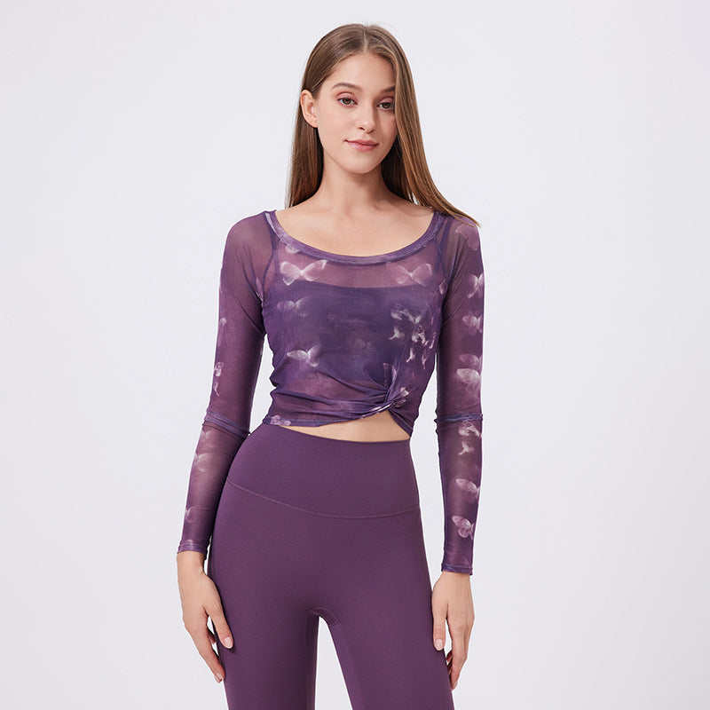 Floral Butterfly Faux Two Piece Sports T Shirt Women Long Sleeve with Chest Pad Yoga Clothes Mesh Top Quick Drying Slimming Workout Clothes