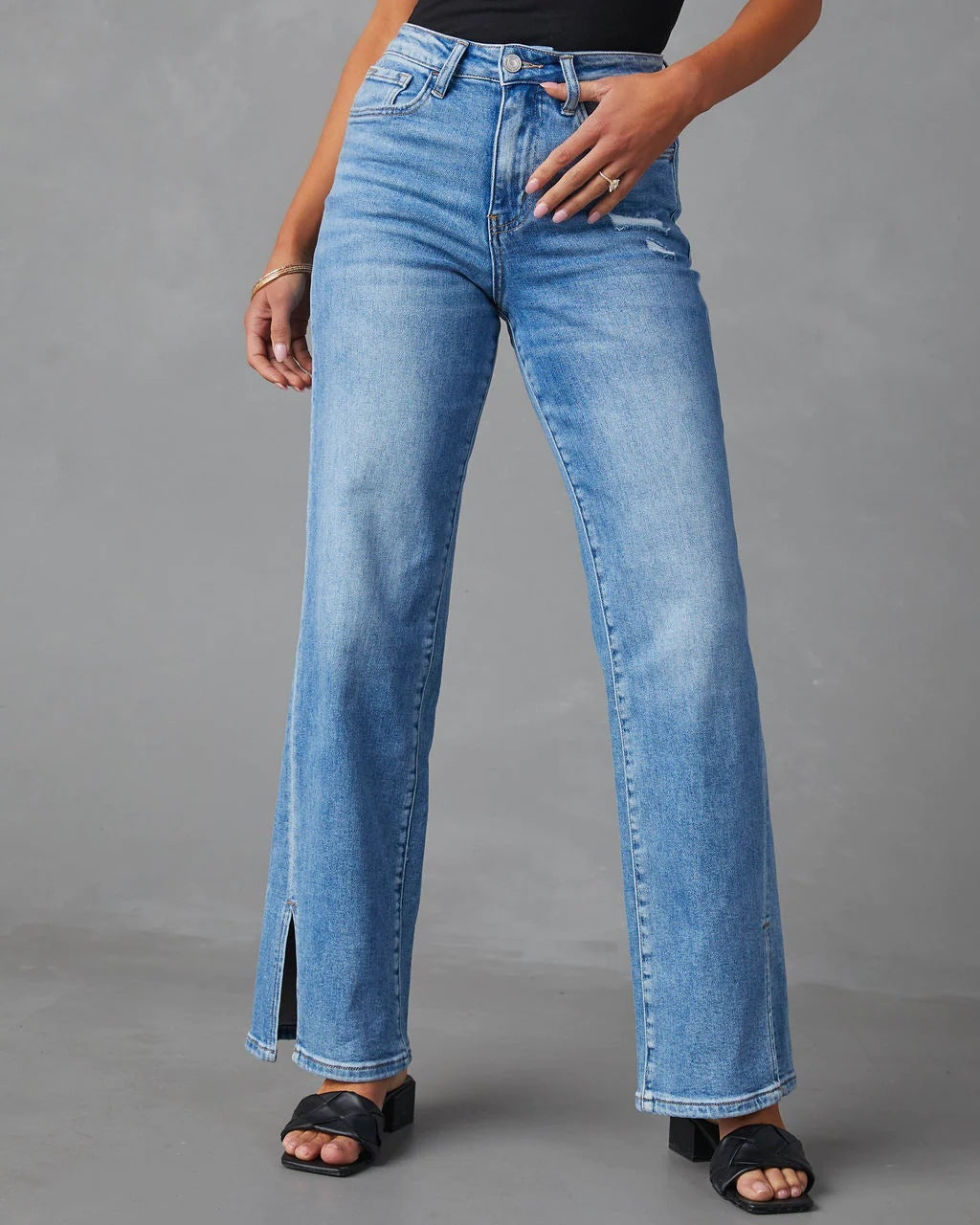Split Jeans Women High Waist Split Straight Stretch Jeans