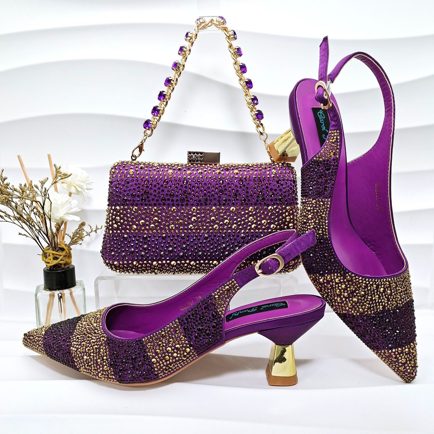 Simple Pointed Striped Delicate Rhinestone Decorative Cocktail Elegant Women Shoes Bags Two Piece Sets High Heels