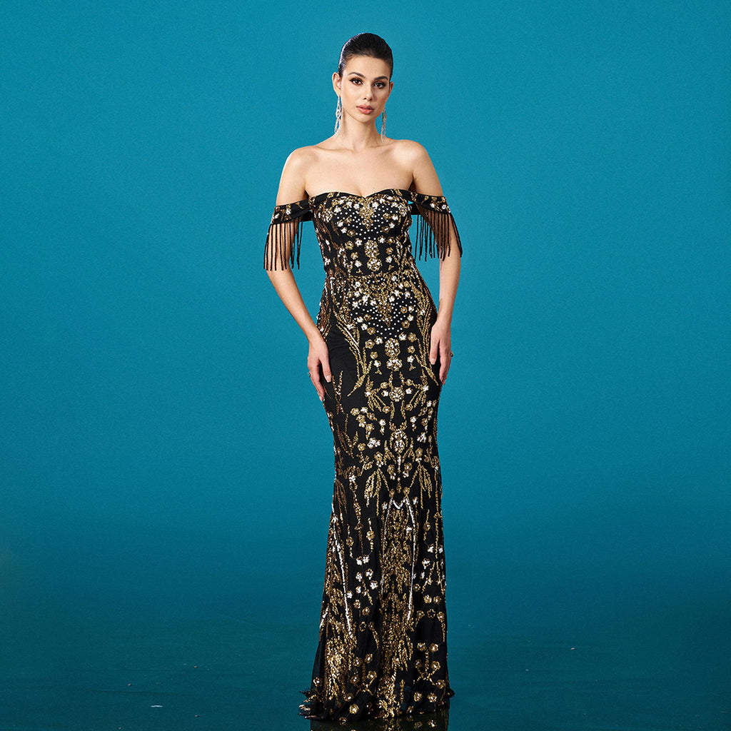 Women Clothing High Grade off Neck Tassel Sequined Fishtail Evening Dress Cocktail Dress Women