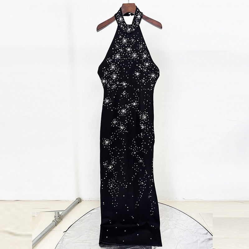 Heavy Industry Three Dimensional Beads Rhinestones Stretch Halter Maxi Dress Maxi Dress