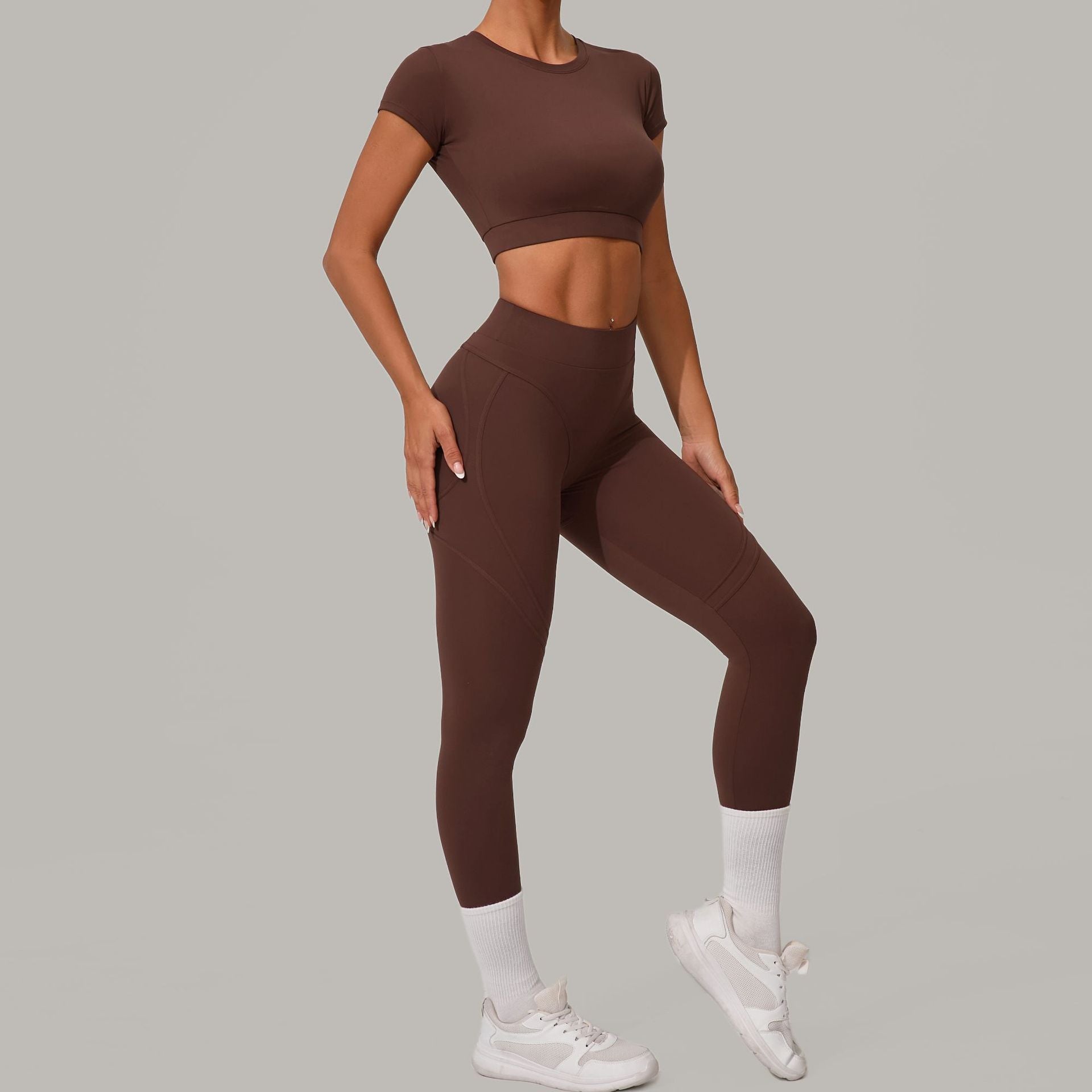 Autumn Sand Brushed Yoga Two Piece Sets Tight High Waist Hip Lifting Yoga Running Exercise Workout Outfit